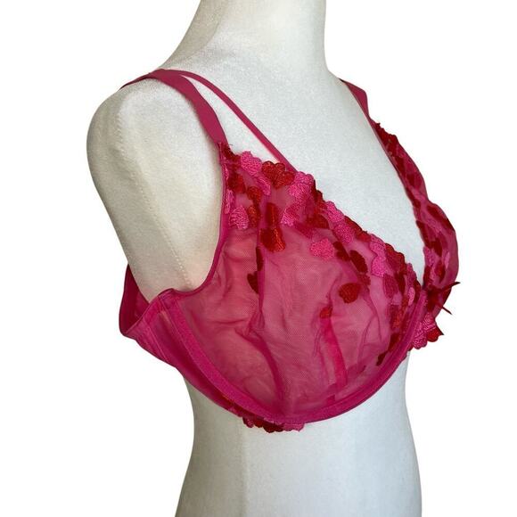Love Vera 42C Embroidered Heart Strappy Underwire Mesh Bra Balconette Pink Red - Picture 7 of 16